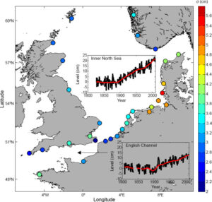 Änderung des Meeresspiegels an ausgesuchten Messstationen in der Nordseeregion.